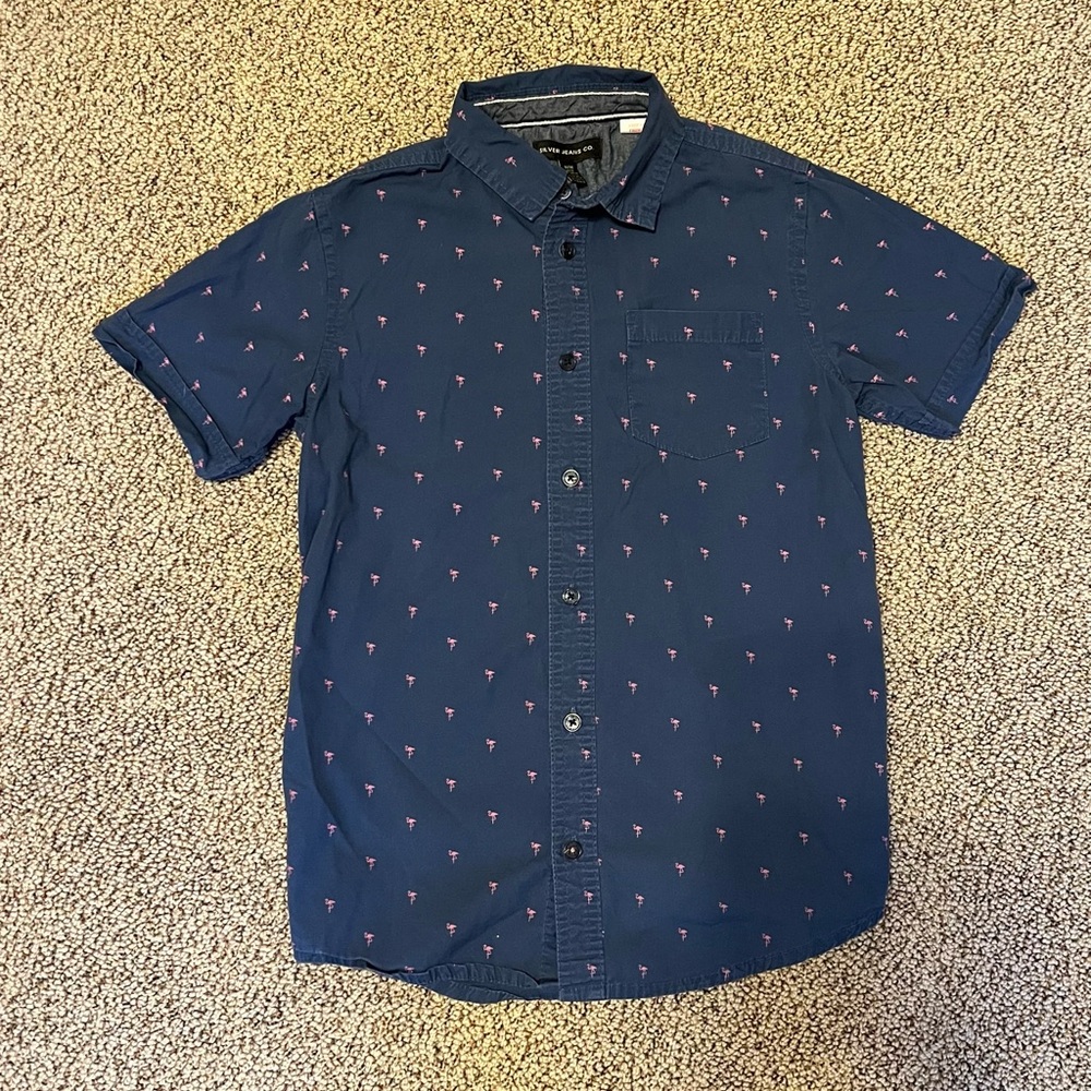 Silver Jeans Co blue shirt with flamingos
